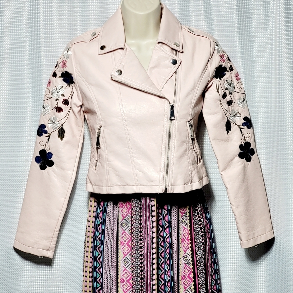 Me Jane Blush Pink Faux Leather Aviator Jacket Floral Embroidered (M/10 Girls)